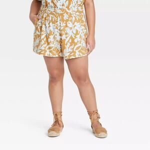 Ava & Viv Linen Blend High Waist Shorts in Mustard Yellow Floral 2X